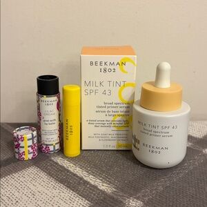 Beekman Milk Tint SPF 43 Tinted Primer Serum Medium & Lilac Lip Balm NEW NIB